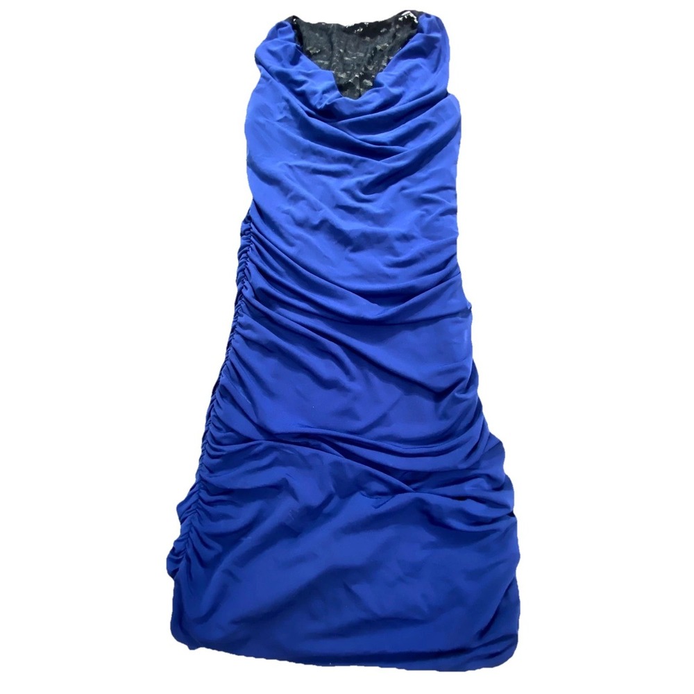 Express Strapless Dress Womens XS Blue Ruched Bodycon Lace Trim Cocktail Party
